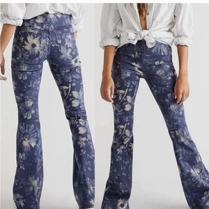 Free People Penny Pull On Floral Blue Flare Jeans